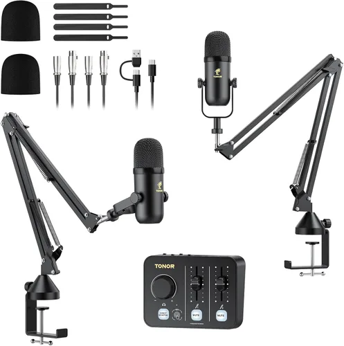 Vista 9 de TONOR Paquete de equipo de podcast para 1, mezclador de audio con micrófono dinámico y juego de brazo de brazo, micrófono XLR con interfaz de audio