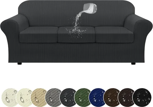 Vista 44 de Funda impermeable para silla con brazos, juego de 2 piezas, funda a rayas para 1 sofá separado con cojín en T, fundas de sillón de tela