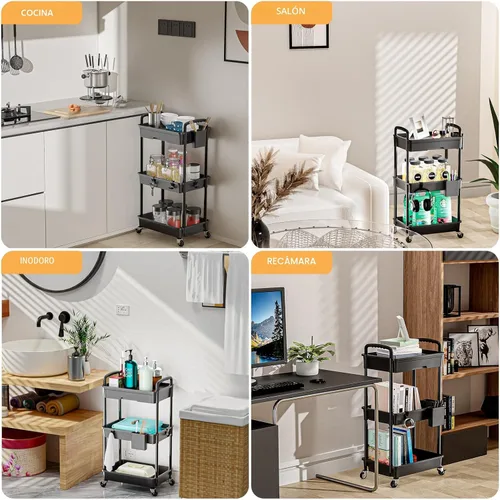 Vista 6 de Carrito rodante de 3 niveles con cajón, carrito de servicio REBECAT hecho de organizador de almacenamiento multifuncional para cocina, baño, sala
