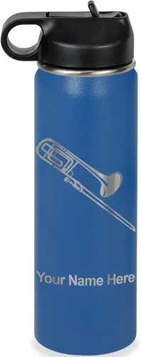 Vista 26 de LaserGram Botella de agua personalizada, trombón, acero inoxidable de doble pared aislada al vacío con popote superior, regalo grabado personalizado