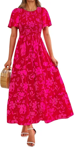 Vista 18 de PRETTYGARDEN - Vestido largo casual de verano para mujer, manga corta acampanada, bohemio, floral, cuello redondo, vestido blusón, escalonado