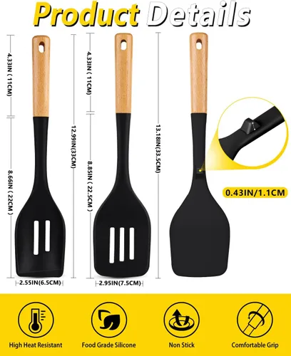 Vista 3 de Juego de 4 utensilios de cocina de silicona, espátulas sólidas antiadherentes y cucharas ranuradas resistentes al calor con mango de madera