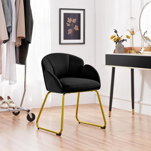 Vista 5 de Yaheetech - Silla de terciopelo moderna con forma de flor, silla de tocador para maquillaje con patas de metal dorado para sala de estar/habitación