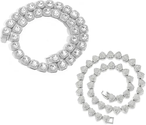 Vista 3 de DIDISEE Cadena de eslabones cubanos de oro y plata para mujer, collares de tenis con forma de corazón, cadena de diamantes, collar en capas, collar