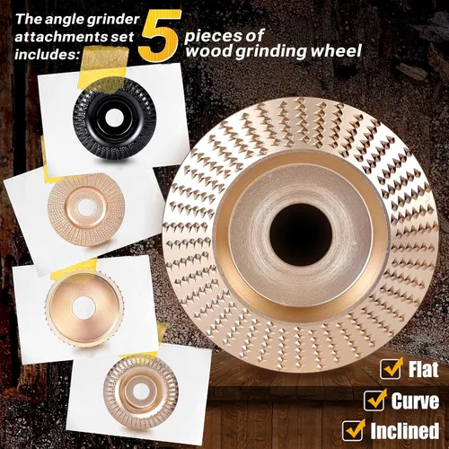 Vista 2 de BLEKOO Juego de 5 Discos de Tallado de Madera para Amoladora Angular, Compatible con 4" y 4 1/2", Eje de 5/8", Moldeador de Madera y Dientes