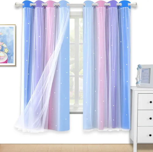 Vista 24 de Cortinas de rayas de estrellas para dormitorio de niñas, cortinas huecas para ventana, cortinas de ventana con ojales, cortinas coloridas degradadas
