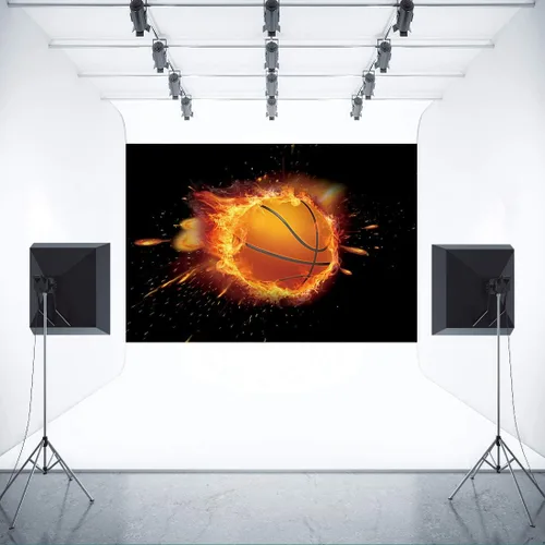 Vista 4 de Telón de fondo de fiesta de baloncesto con llamas, fondo de fotos de juego de baloncesto, MEETSIOY negro, accesorios de estudio, pancarta