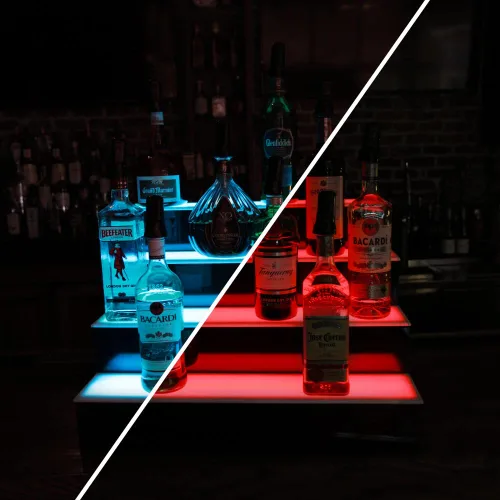 Vista 4 de BARCONIC® Estante de exhibición LED para botellas de licor, perfil bajo, 4 niveles (escalón), 18 pulgadas
