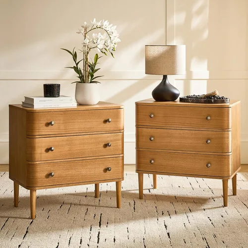Vista 9 de HULALA HOME Mesa auxiliar moderna con estación de carga, mesa auxiliar de madera de 3 cajones con patas de madera maciza y patas ajustables, mesa