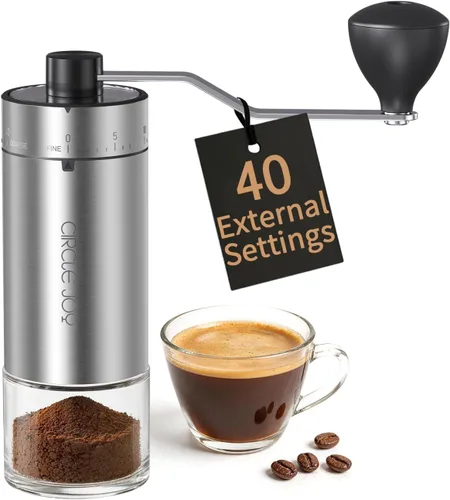 Vista 8 de CIRCLE JOY Mini molinillo de café manual con 40 ajustes externos ajustables y rebabas cónicas de cerámica, molinillo de café portátil de acero