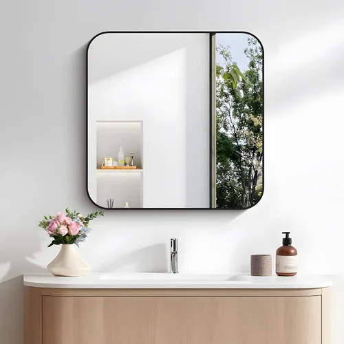 Vista 16 de FORBATH - Espejo de baño negro para sobre lavabo, espejo de pared de 16x24 pulgadas con marco de metal, esquinas redondeadas para baño, dormitorio