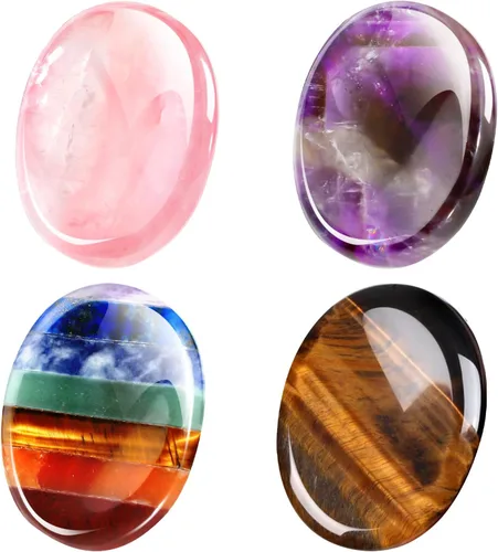 Vista 9 de Roowest 4 piedras de preocupación para el pulgar para la ansiedad, cristal natural, piedras curativas, chakras, amatista, ojo de tigre, cuarzo