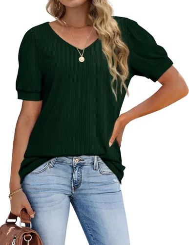 Vista 2 de OFEEFAN T Shirts for Women V Neck Summer Tops Puff Sleeve Loose Fit Basic Casual