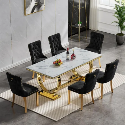Vista 3 de Juego de mesa de comedor de mármol sintético, 7 piezas, juego de mesa de cocina y comedor para 6, mesa de comedor rectangular blanca de 70 pulgadas