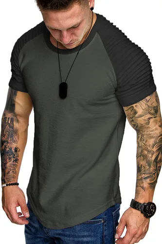 Vista 30 de COOFANDY Camiseta Muscular para Hombre de Manga Raglán Plisada Camiseta de Culturismo para Gimnasio Manga Corta Camisas de Entrenamiento de Moda