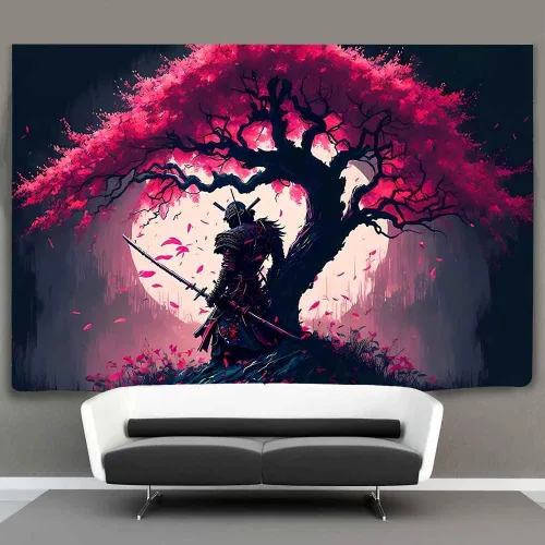 Vista 11 de Ine Ive GTDWIE0297 - Tapiz samurái japonés para estética de dormitorio, luna llena, árbol de cerezo, 40 x 30 pulgadas, arte japonés para dormitorio
