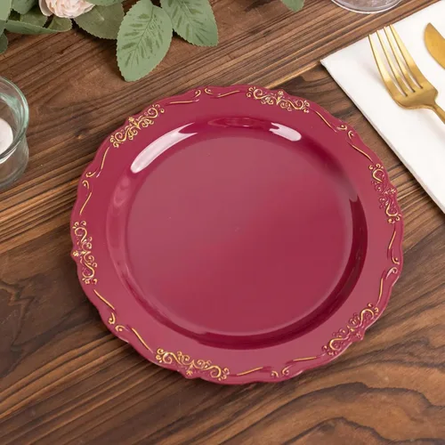 Vista 8 de Efavormart - Paquete de 10 platos desechables de 7 pulgadas transparentes con borde vintage burdeos, elegantes platos de postre de plástico