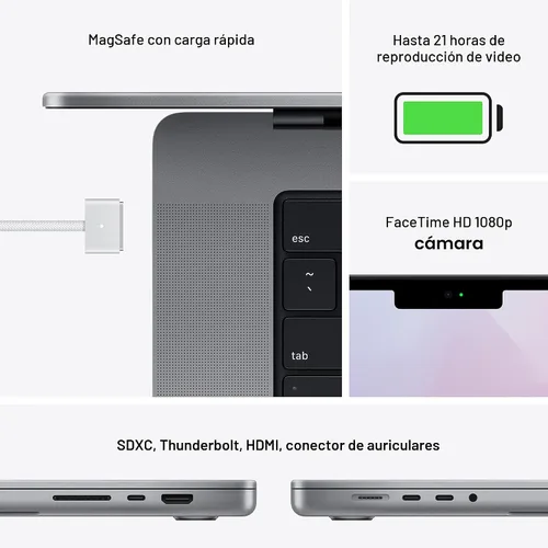 Vista 5 de Apple MacBook Pro de finales de 2021 con chip Apple M1 Pro CPU de 10 núcleos, 16 pulgadas, 16 GB de RAM, 512 GB de almacenamiento SSD, gris espacial