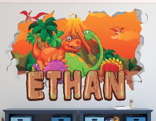 Vista 3 de AdesiivoStudio - Calcomanías de pared de dinosaurio con nombre personalizado, calcomanías de dinosaurio, decoración de habitación de dinosaurios
