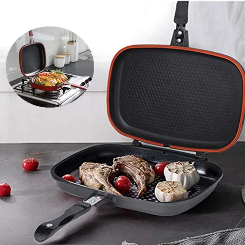 Vista 6 de Sartén para barbacoa de doble cara, sartén portátil con tapa antiadherente, herramienta de cocina, utensilios de cocina, cocina con mango