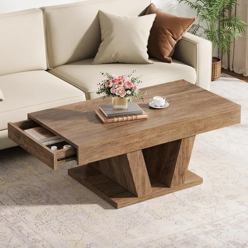 Vista 3 de Mesa de centro de granja con 2 cajones laterales, mesa de té central de madera de 43 pulgadas con almacenamiento oculto, mesa de cóctel rectangular