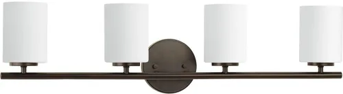 Vista 62 de Progress Lighting Lámpara moderna de tocador de baño de cristal blanco grabado con 4 luces, colección Replay, níquel cepillado (P2160-09)