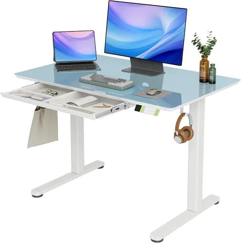 Vista 21 de INNOVAR Escritorio de pie de cristal con cajones, escritorio de pie ajustable de 32 x 19 pulgadas, escritorio de computadora de oficina en casa