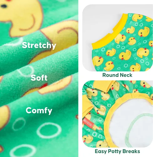 Vista 4 de KYEESE - Pijama de terciopelo para perros, con patrón de patos amarillos, ropa elástica y suave para cachorros y perros pequeños, mameluco cómodo