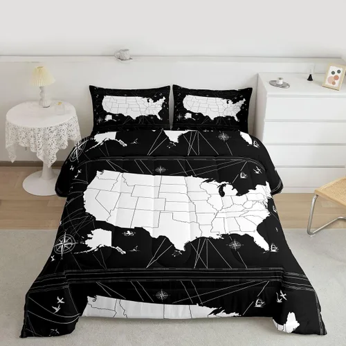 Vista 3 de Juego de edredón con diseño de mapa del mundo, juego de edredón y juegos de cama con temática náutica, color blanco y negro, edredón de velero