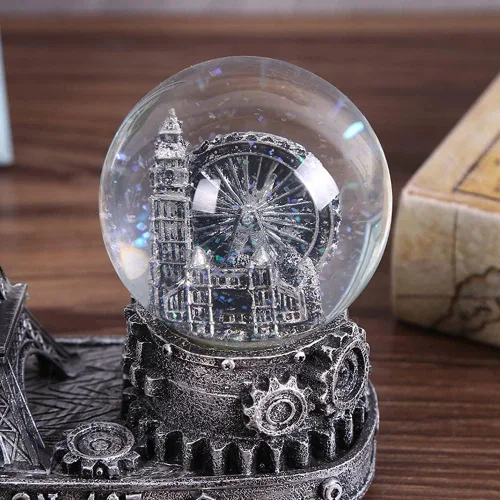 Vista 4 de Rueda de la fortuna antigua, coleccionable de globos de nieve, estatua de la torre Eiffel de París Francia, centro de mesa, decoración de escritorio