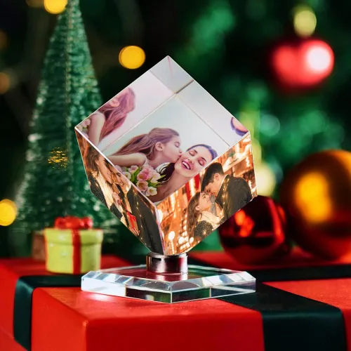 Vista 7 de VEELU Marco de collage de fotos personalizado, cubo de cristal giratorio en 3D, marco de fotos personalizado para boda, regalo de recuerdo