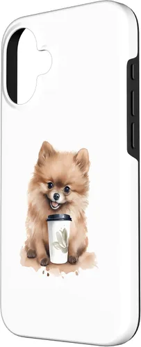 Vista 2 de iPhone 16 Pomerania perro con café estilo acuarela caso