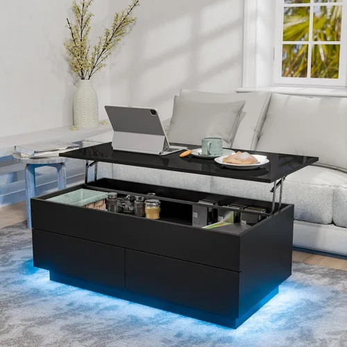 Vista 12 de HOMMPA Morden - Mesa de centro LED de 40 pulgadas con tapa elevable, color negro brillante, con almacenamiento oculto, sala de estar, mesa de té