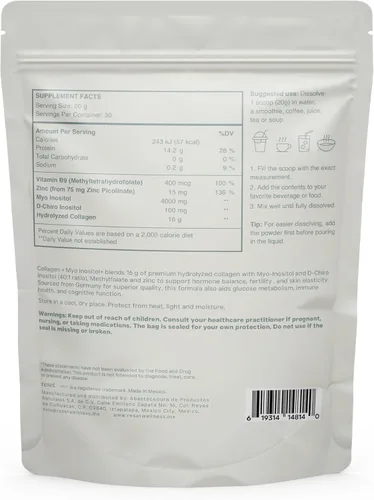 Vista 7 de MYO INOSITOL Collagen+ 21.16 oz sin sabor Mio-inositol y D-Chiro Inositol (40:1), colágeno hidrolizado, folato, zinc y vitamina B6 Equilibrio