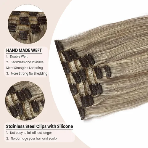 Vista 3 de Extensiones de cabello humano real con clip, de 12 pulgadas, para mujer, color rubio plateado, balayage, 2.47 oz, 7
