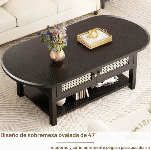 Vista 5 de LVB - Mesa auxiliar ovalada de 47 pulgadas, de madera de ratán bohemio con almacenamiento