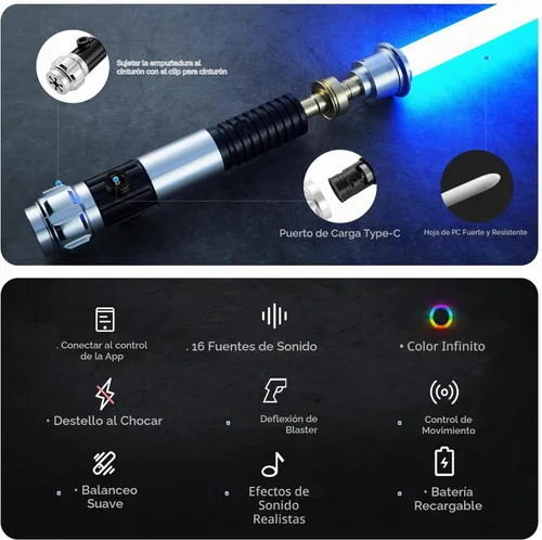 Vista 2 de DAMIENSABER Sable de luz RGB V3, sable de luz de giro suave con control de movimiento, sable de 16 fuentes de sonido con cambio de color infinito