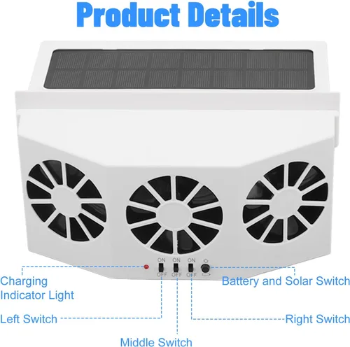 Vista 3 de Plplaaoo Ventilador de coche alimentado por energía solar con tres ventiladores: ventilador de ventilación portátil de 5000 RPM para refrigeración