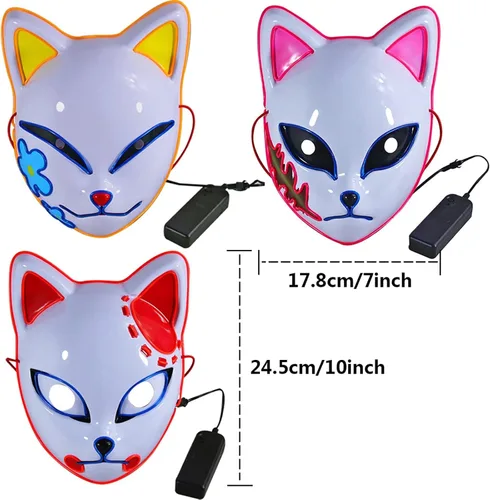 Vista 5 de CAFELE 3 máscaras de zorro de Demon Led Slayer, máscara de Halloween, anime japonés, cosplay, máscaras brillantes para fiesta de fiesta de disfraces