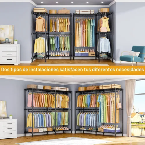 Vista 4 de ULIFHOME E15 - Perchero en forma de L para esquina, perchero independiente para colgar ropa, organizador de armario resistente con 4 varillas