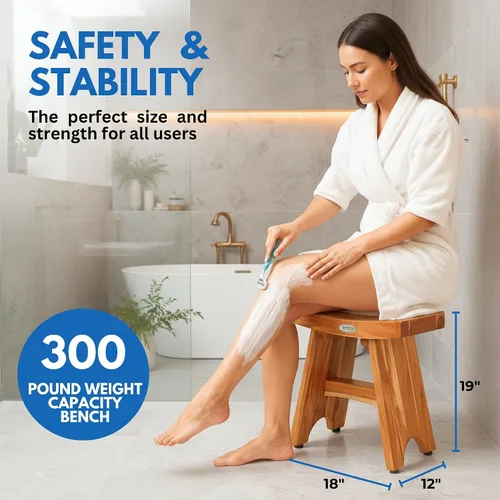 Vista 3 de EcoDecors Banco de ducha de teca de 18", capacidad de 300 lb – Asiento de baño de madera impermeable para adultos - Taburete de spa compacto