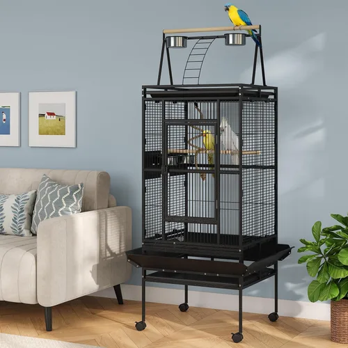 Vista 2 de Jaulas grandes de hierro forjado de 67 pulgadas con soporte rodante para cacatúas, loro, quáquero, conure, periquito, tortolito, canario, pequeño