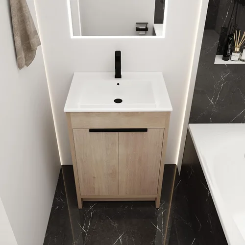 Vista 3 de Juego de tocador de baño independiente con lavabo, armario de almacenamiento moderno de 24 pulgadas con fregadero de cerámica blanca, gabinete