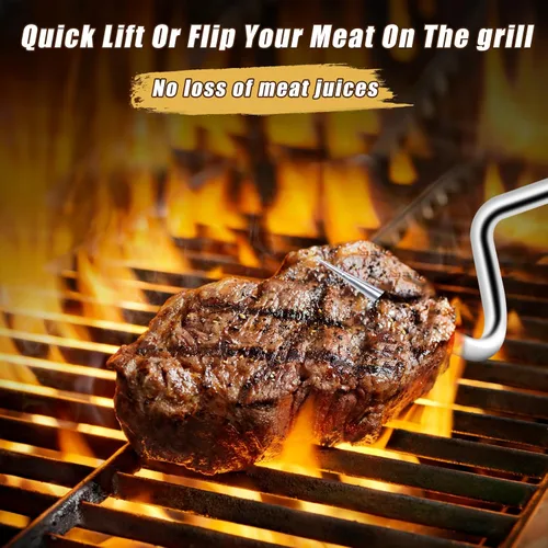 Vista 4 de 2 ganchos giratorios de acero inoxidable para barbacoa, ganchos de barbacoa para cocinar, accesorios de parrilla con mango de madera para asar