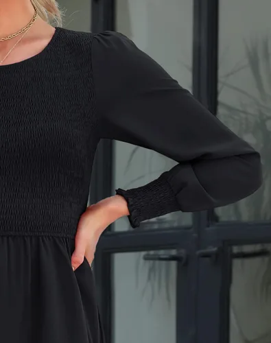 Vista 5 de Zattcas Vestido de otoño de manga larga para mujer 2023, corpiño fruncido y puños con lunares suizos, cuello redondo, escalonado, modesto, casual