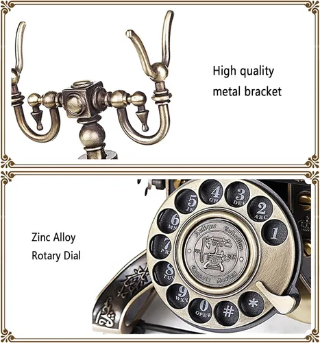 Vista 4 de Teléfono fijo retro vintage, estilo europeo antiguo antiguo con cable giratorio con cable, teléfono fijo de metal con timbre mecánico para oficina