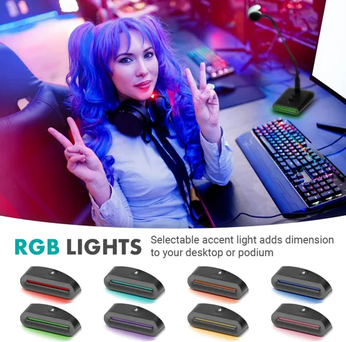 Vista 6 de Movo GM-7 Micrófono profesional de cuello de cisne de 18 pulgadas y base de interfaz USB con luces RGB, ganancia, silencio, micrófono de podio