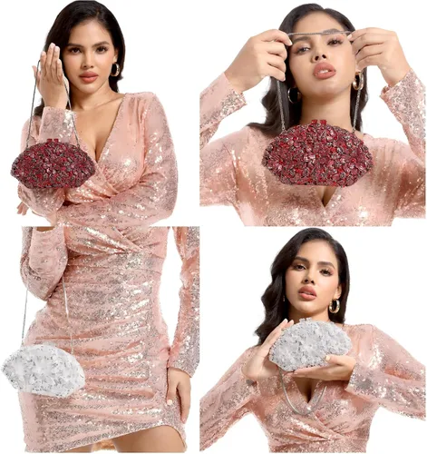 Vista 11 de Boutique De FGG Bolso de noche de flores de embrague de cristal de lujo para mujer, bolso de boda nupcial, bolso