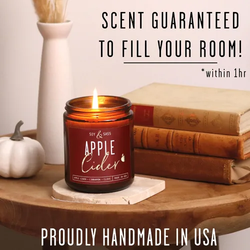 Vista 4 de Vela de sidra de manzana, velas de otoño I de sidra de manzana, canela y nuez moscada, infundida con aceites esenciales, vela perfumada de otoño