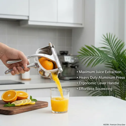 Vista 8 de Exprimidor manual - Exprimidor manual de frutas para naranja, limón, lima y cítricos - Exprimidor de jugo de metal resistente con base antideslizante